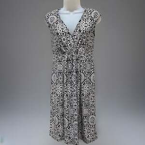Merona Black Cream Geometric Print Mid Length Cap Sleeve Dress Women's Size Smal